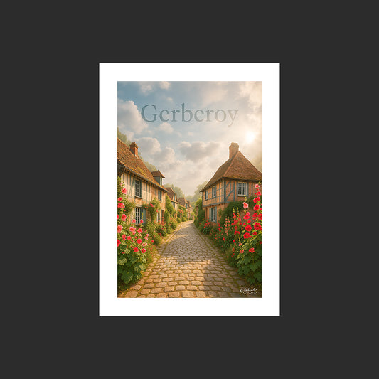 Affiche SP0038 Le village médiéval de Gerberoy dans l'Oise en été, design avec marge blanche.