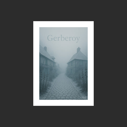 Affiche SP0039 Le village de Gerberoy dans l'Oise dans le brouillard d'hiver, design avec marge blanche.