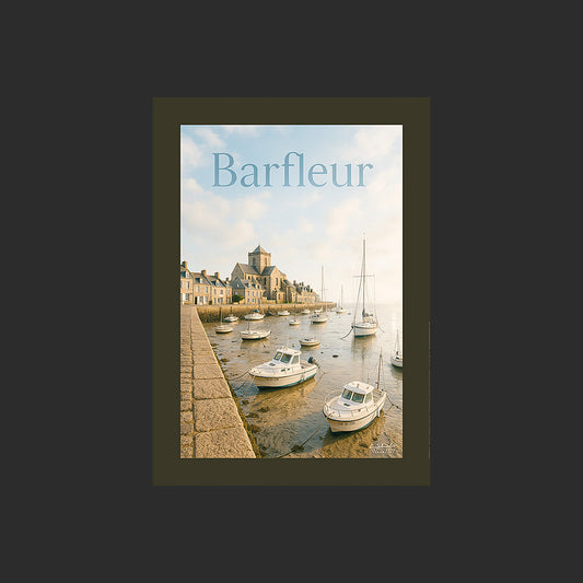 Affiche SP0041 Le port de Barfleur en Normandie Bateaux à marée basse en été, design avec marge couleur.
