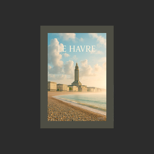 Affiche SP0042 Le Havre en Normandie Plage et front de mer au couchant en été, design avec marge couleur.