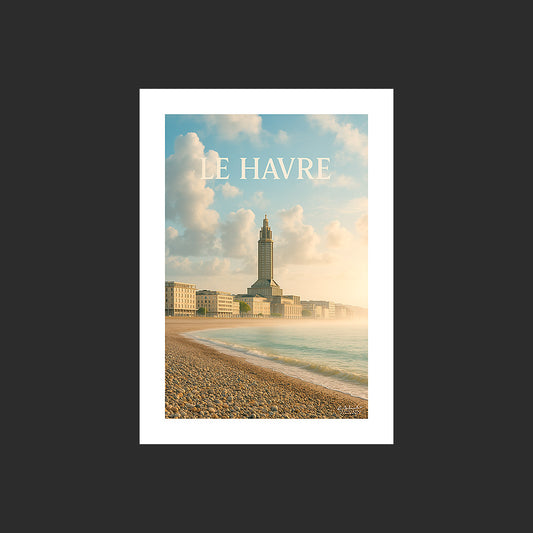 Affiche SP0042 Le Havre en Normandie Plage et front de mer au couchant en été, design avec marge blanche.