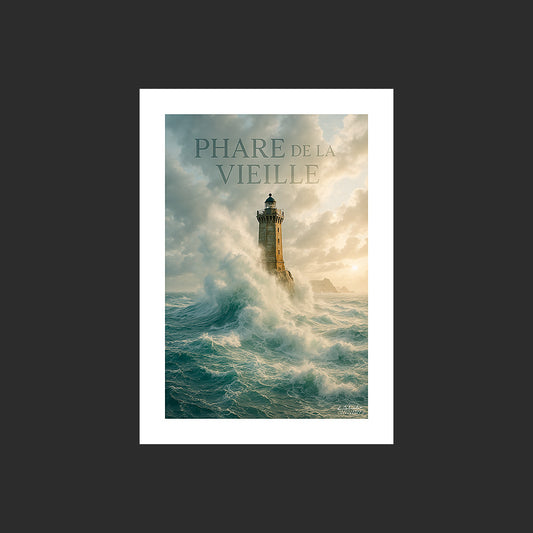Affiche SP0044 Le phare de la vieille dans la tempête Finistère Pointe du Raz Bretagne, design avec marge blanche.