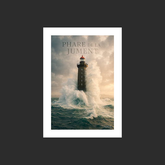 Affiche SP0046 Le phare de la Jument Ouessant Bretagne Tempête en hiver, design avec marge blanche.