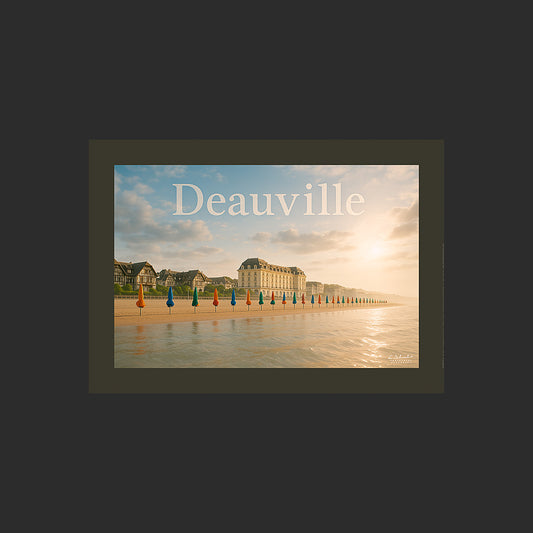 Affiche SP0048 Deauville en Normandie Plage et parasols en été, design avec marge couleur.