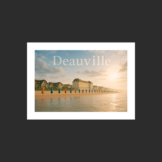 Affiche SP0048 Deauville en Normandie Plage et parasols en été, design avec marge blanche.