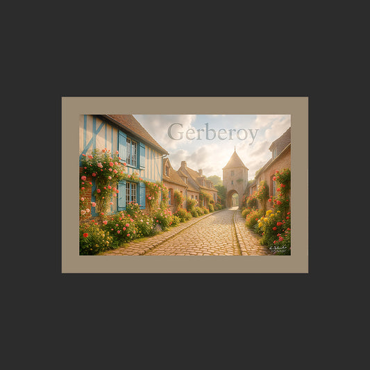 Affiche SP0049 Les roses du village de Gerberoy dans l'Oise en été, design avec marge couleur.