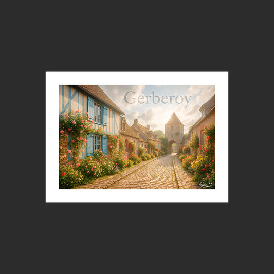 Affiche SP0049 Les roses du village de Gerberoy dans l'Oise en été, design avec marge blanche.