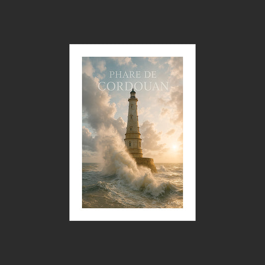 Affiche SP0051 Le phare de Cordouan sous un gros temps en été au couchant, design avec marge blanche.