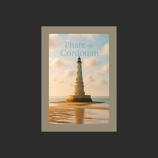 Affiche SP0052 Le phare de Cordouan en Gironde à marée basse en été au couchant, design avec marge couleur.