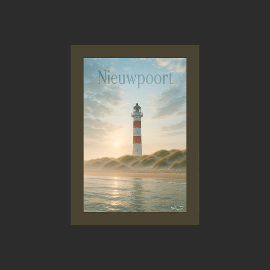 Affiche SP0058 Le phare de Nieuwpoort en Belgique dans les dunes en été, design avec marge couleur.