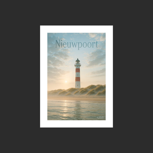 Affiche SP0058 Le phare de Nieuwpoort en Belgique dans les dunes en été, design avec marge blanche.