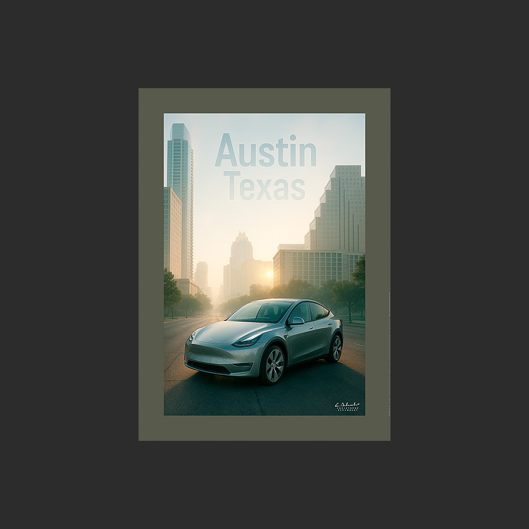 Affiche SP0061 Tesla Model Y dans une avenue à Austin Texas USA un matin de printemps, design avec marge couleur.
