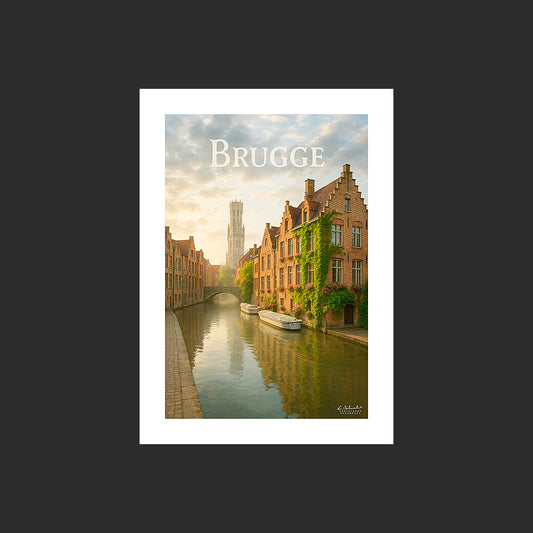 Affiche SP0067 Les canaux et le beffroi de Bruges un matin de printemps, design avec marge blanche.