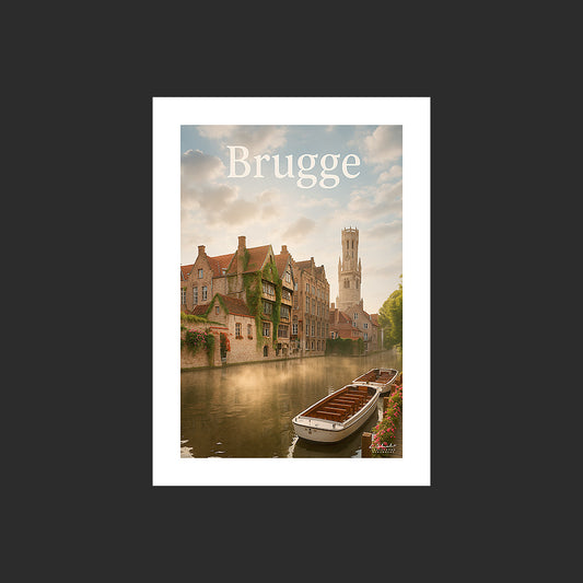 Affiche SP0069 Bruges depuis Rozenhoedkaai beffroi et canaux au printemps, design avec marge blanche.