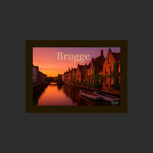 Affiche SP0071 Coucher de soleil sur les canaux et barques de Bruges, design avec marge couleur.