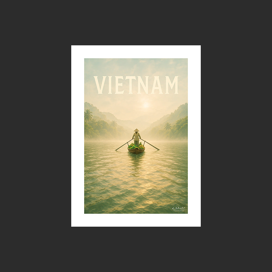 Affiche SP0072 Barque sur le delta du Mékong au Vietnam au printemps, design avec marge blanche.