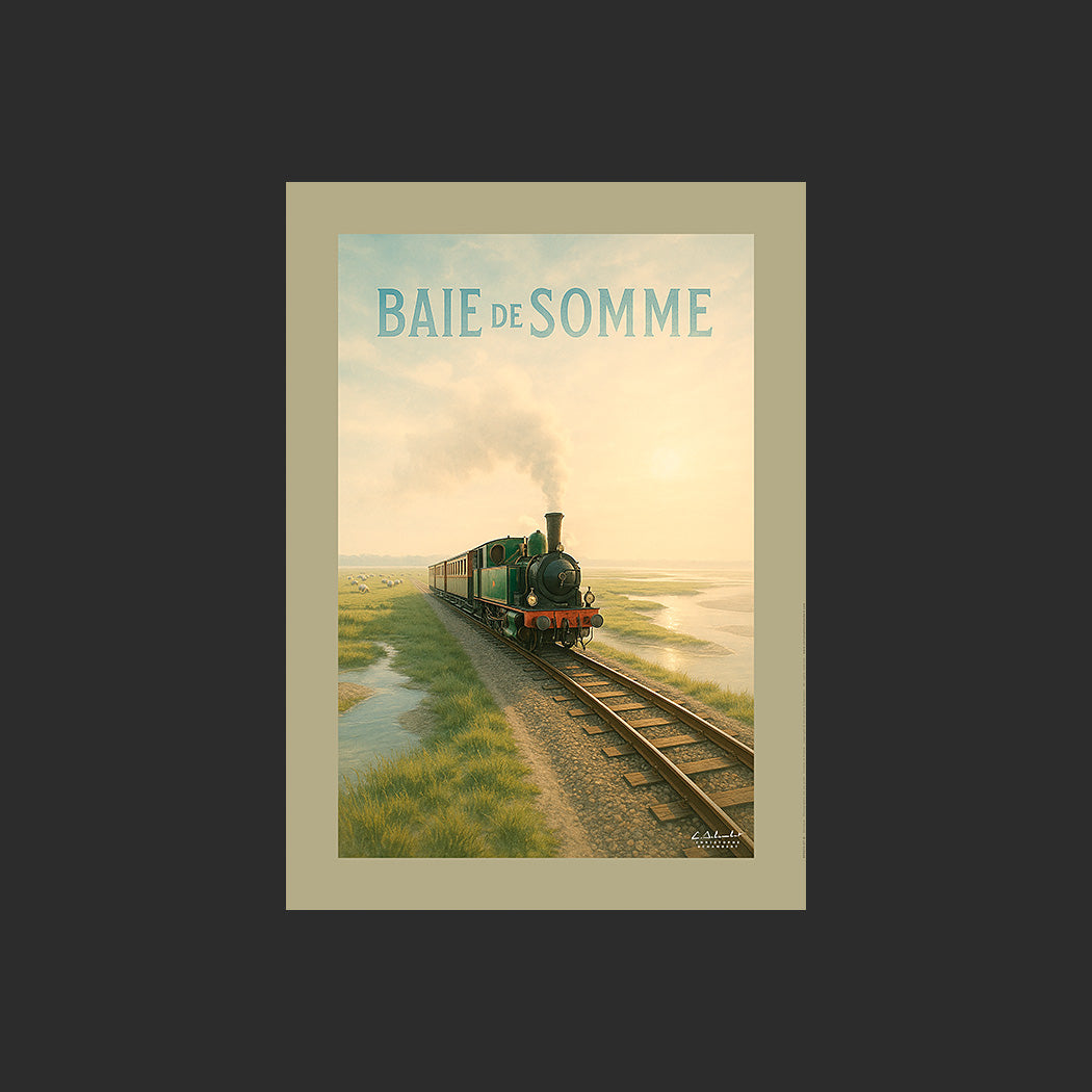 Affiche SP0074 La Baie de Somme et le train touristique à vapeur au printemps, design avec marge couleur.