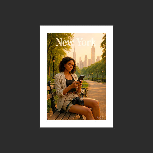 Affiche SP0082 Une jeune femme à Central Park à New York en été, design avec marge blanche.