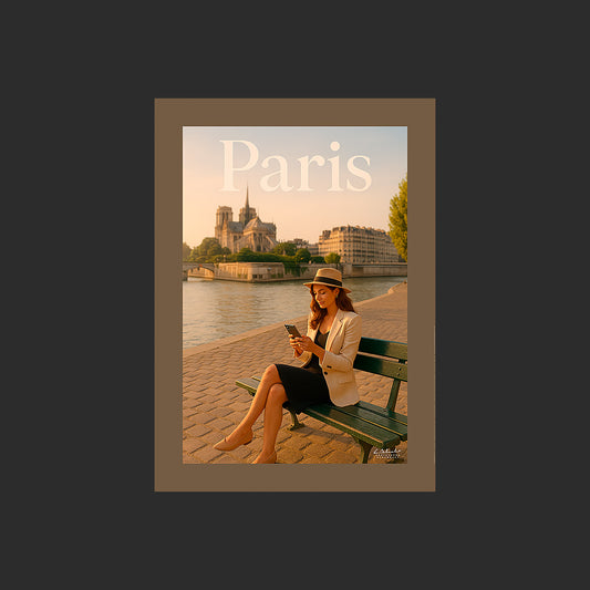 Affiche SP0084 Une parisienne à Paris sur un quai de Seine avec Notre-Dame, design avec marge couleur.