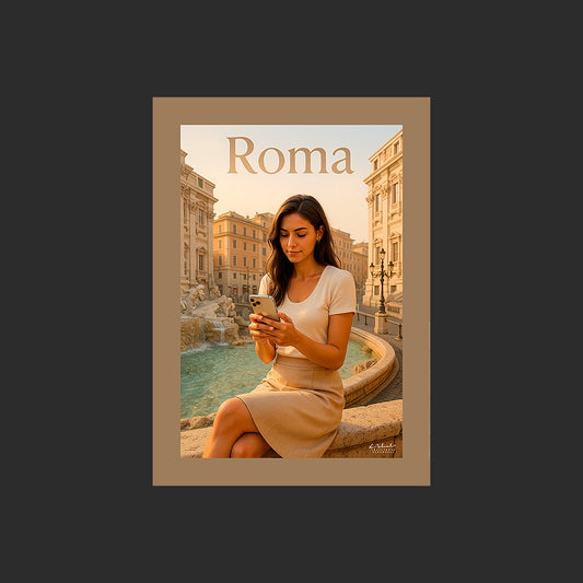 Affiche SP0083 Une jeune femme italienne à Rome devant la fontaine de Trevi, design avec marge couleur.