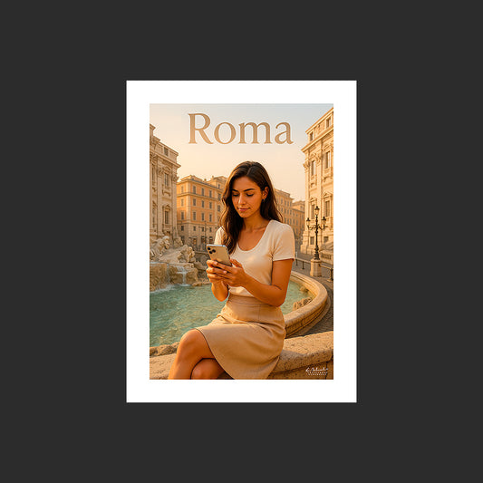 Affiche SP0083 Une jeune femme italienne à Rome devant la fontaine de Trevi, design avec marge blanche.