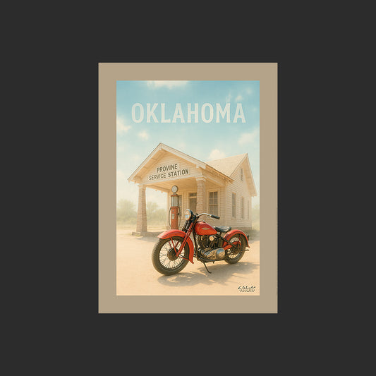 Affiche SP0087 Moto Harley-Davidson RL45 1930 Oklahoma Provine Service Station, design avec marge couleur.