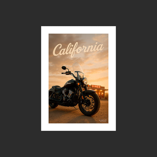 Affiche SP0088 Moto Indian Super Chief Californie Diner, design avec marge blanche.