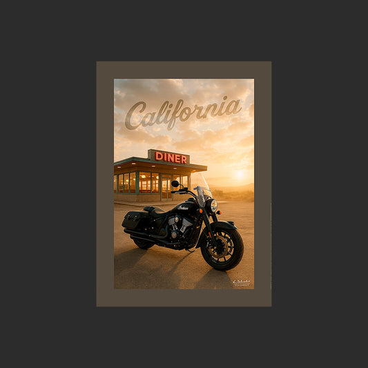 Affiche SP0089 Moto Indian Californie au soleil couchant, design avec marge couleur.