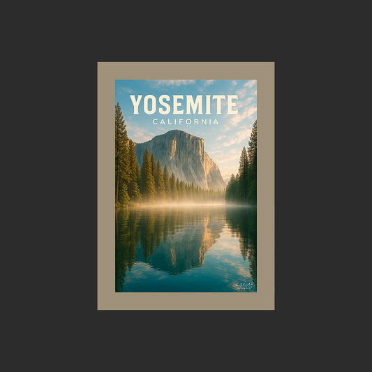 Affiche SP0090 Un lac du Yosemite National Park en Californie au printemps, design avec marge couleur.