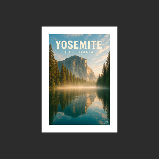 Affiche SP0090 Un lac du Yosemite National Park en Californie au printemps, design avec marge blanche.