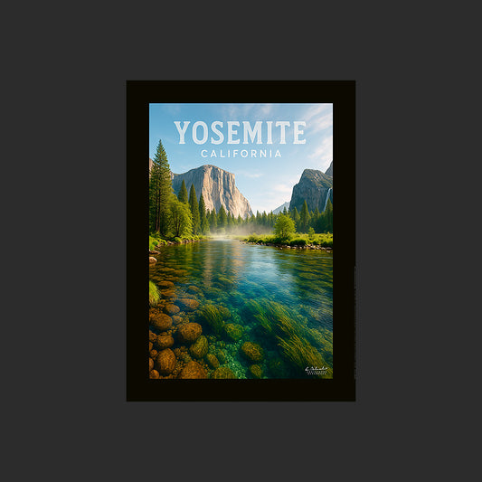 Affiche SP0091 Une rivière du Yosemite National Park en Californie au printemps, design avec marge couleur.