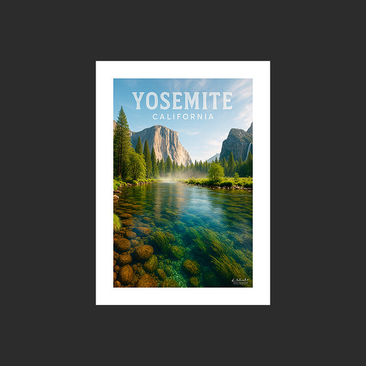 Affiche SP0091 Une rivière du Yosemite National Park en Californie au printemps, design avec marge blanche.