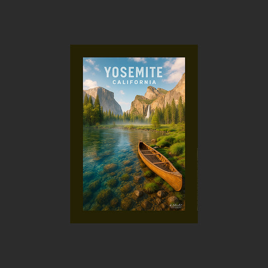 Affiche SP0092 Un canoë dans le Yosemite National Park en Californie au printemps, design avec marge couleur.