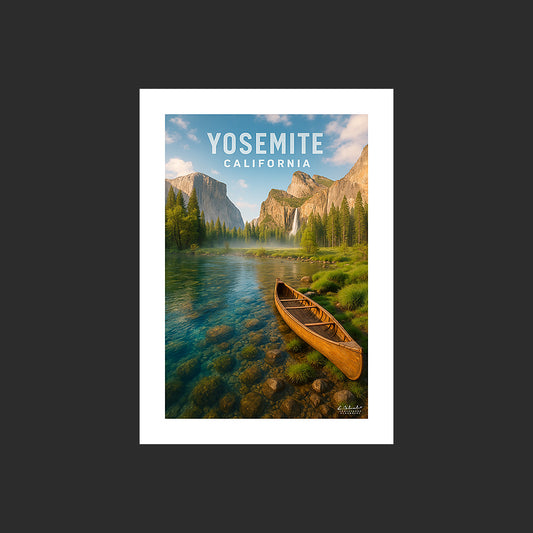 Affiche SP0092 Un canoë dans le Yosemite National Park en Californie au printemps, design avec marge blanche.