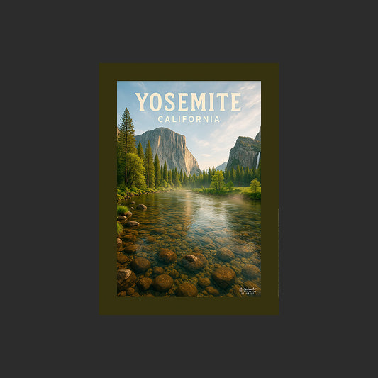Affiche SP0093 Au bord d'une rivière du Yosemite National Park en Californie, design avec marge couleur.