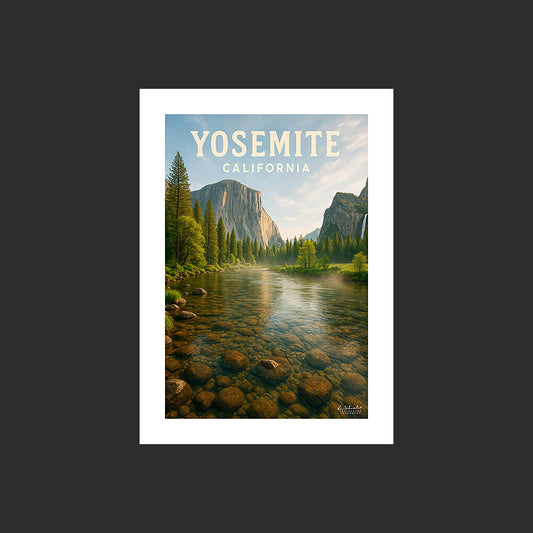Affiche SP0093 Au bord d'une rivière du Yosemite National Park en Californie, design avec marge blanche.