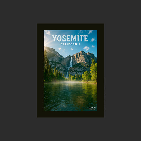Affiche SP0094 Une cascade du Yosemite National Park en Californie en été, design avec marge couleur.