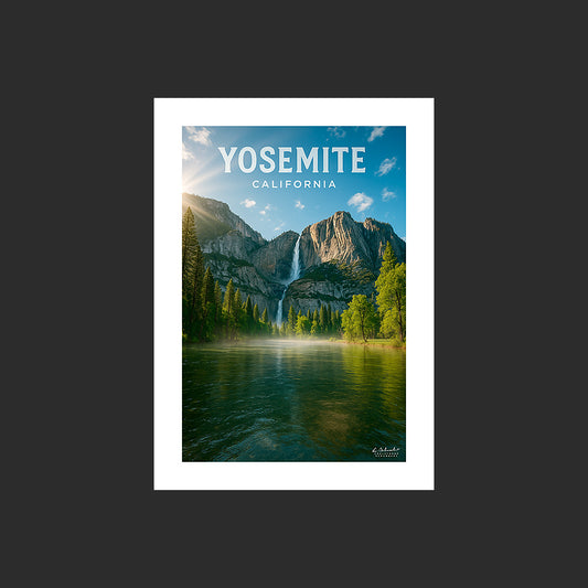 Affiche SP0094 Une cascade du Yosemite National Park en Californie en été, design avec marge blanche.