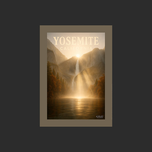 Affiche SP0095 Une cascade du Yosemite National Park en Californie en automne, design avec marge couleur.