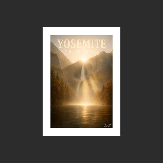 Affiche SP0095 Une cascade du Yosemite National Park en Californie en automne, design avec marge blanche.