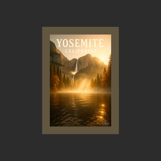 Affiche SP0096 Une cascade du Yosemite National Park au couchant en automne, design avec marge couleur.