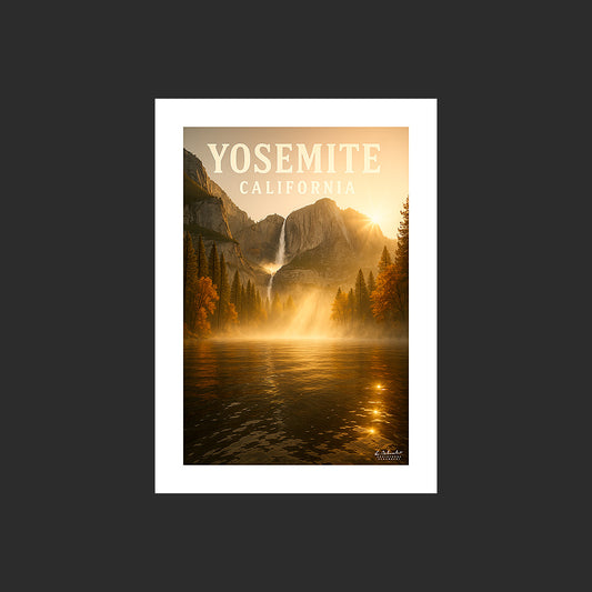Affiche SP0096 Une cascade du Yosemite National Park au couchant en automne, design avec marge blanche.