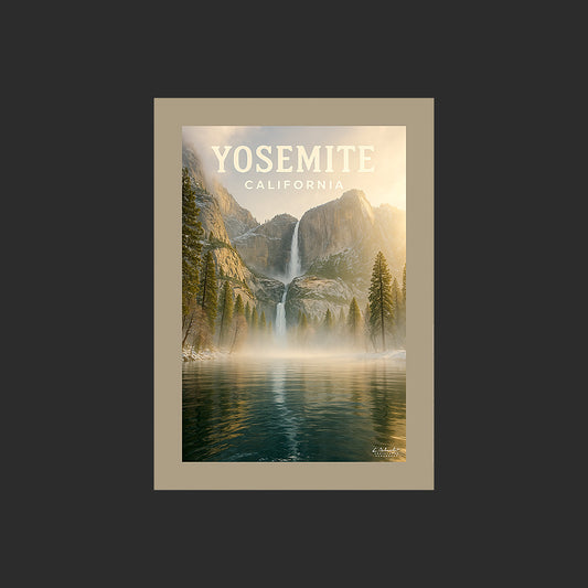 Affiche SP0097 Une chute d'eau du Yosemite National Park en hiver au couchant, design avec marge couleur.