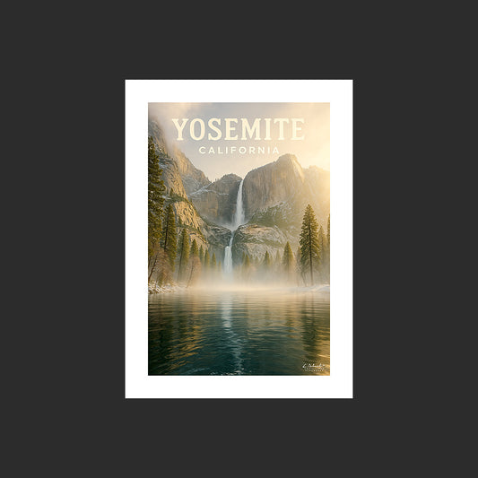 Affiche SP0097 Une chute d'eau du Yosemite National Park en hiver au couchant, design avec marge blanche.