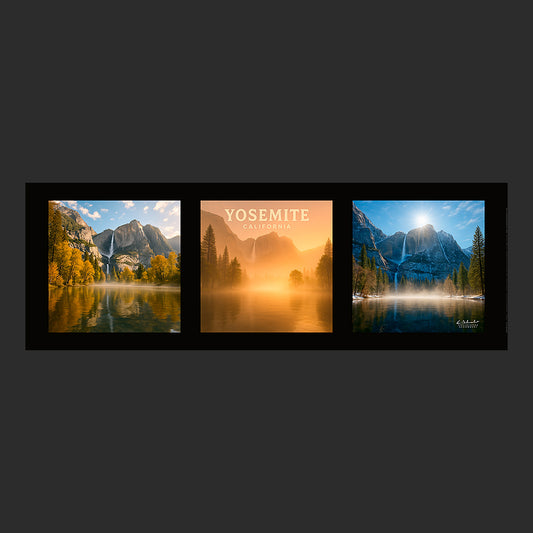 Affiche SP0098 Triptyque Cascade du Yosemite National Park en Californie, design avec marge couleur.