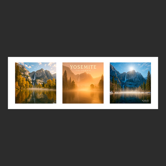 Affiche SP0098 Triptyque Cascade du Yosemite National Park en Californie, design avec marge blanche.