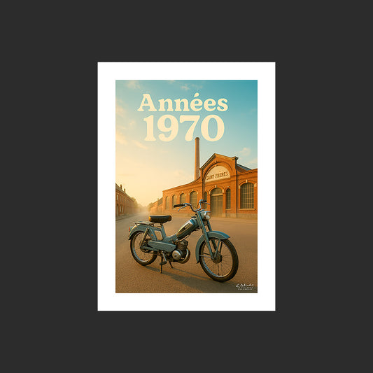 Affiche SP0100 Motobécane AV88 Bleue devant une usine Saint Frères à Flixecourt, design avec marge blanche.
