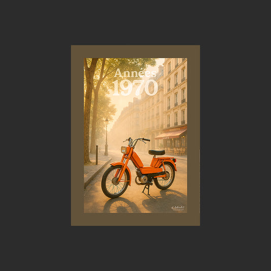 Affiche SP0101 Cyclomoteur Peugeot 103 orange à Paris Boulevard Saint-Germain, design avec marge couleur.
