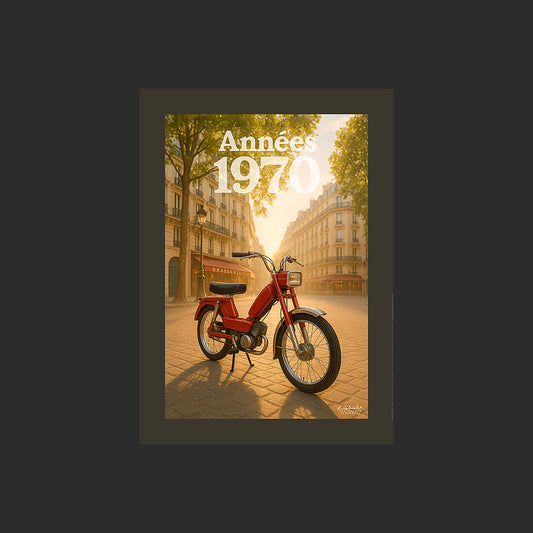 Affiche SP0103 Cyclomoteur Peugeot 103 rouge à Saint-Germain-des-Prés Paris, design avec marge couleur.