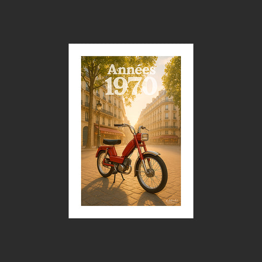 Affiche SP0103 Cyclomoteur Peugeot 103 rouge à Saint-Germain-des-Prés Paris, design avec marge blanche.